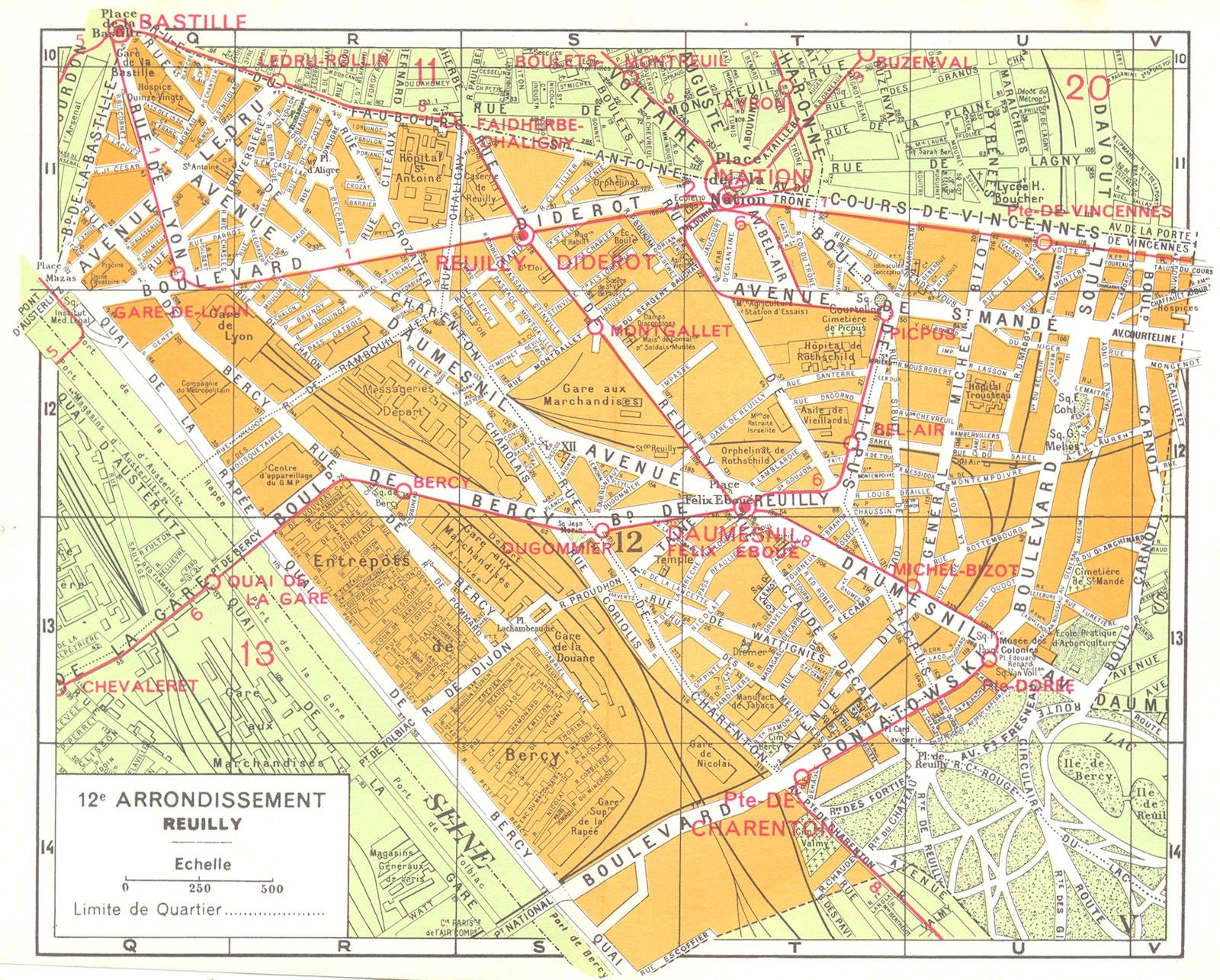 PARIS. 12e Arrondissement Reuilly 1920 old antique vintage map plan chart